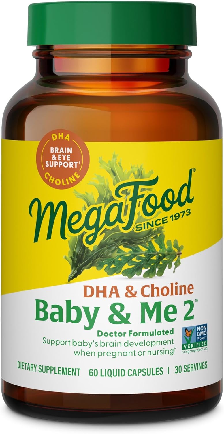 Plant-Based Liquid Prenatal DHA & Choline Capsules for Baby's Brain Development - MegaFood Baby & Me 2 - Vegan - 60 Capsules