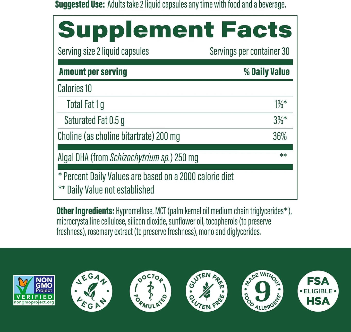 Plant-Based Liquid Prenatal DHA & Choline Capsules for Baby's Brain Development - MegaFood Baby & Me 2 - Vegan - 60 Capsules