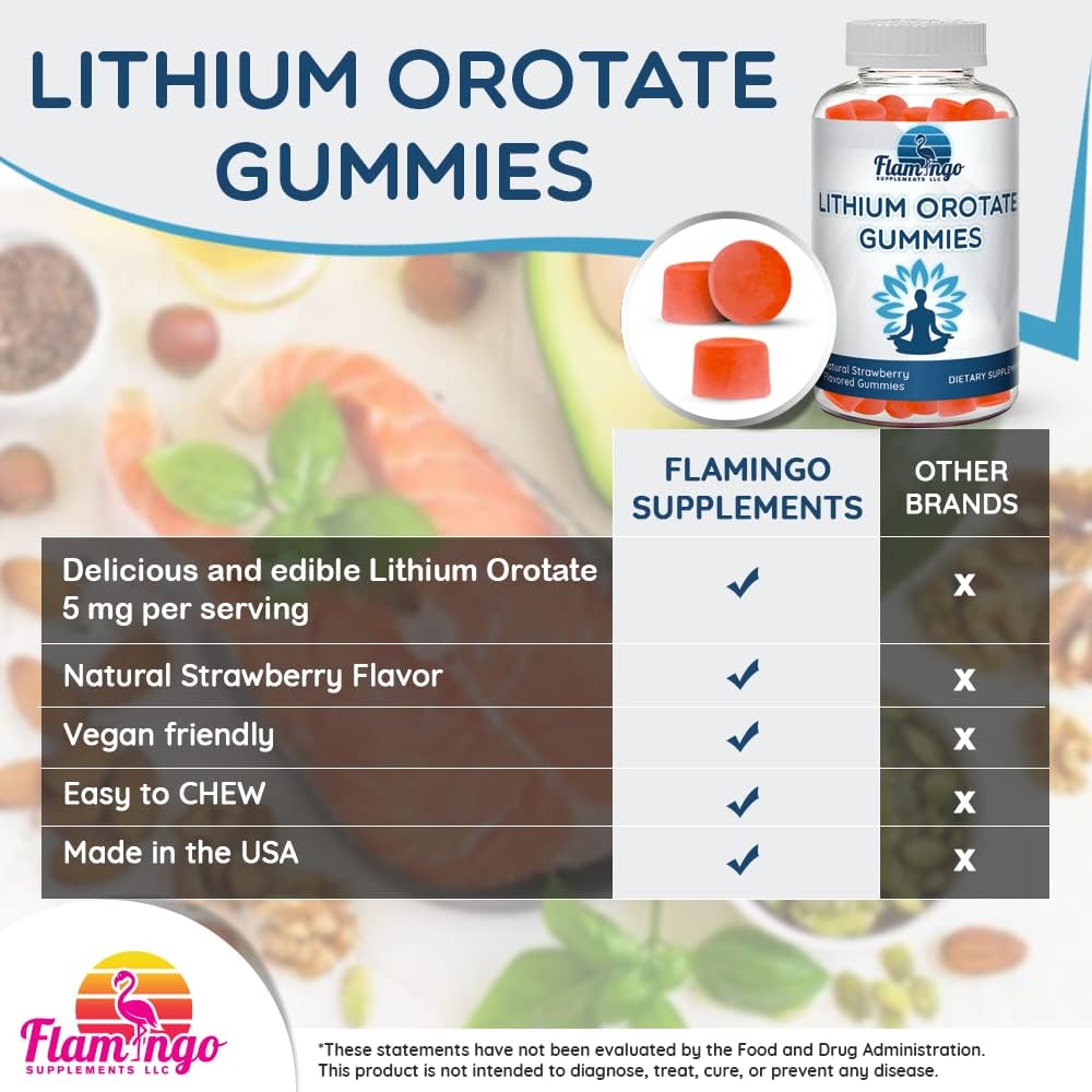 Plant-Based Lithium Orotate Gummies 5mg - Third Party Tested, Mood Support - Strawberry Flavored - 60 Count