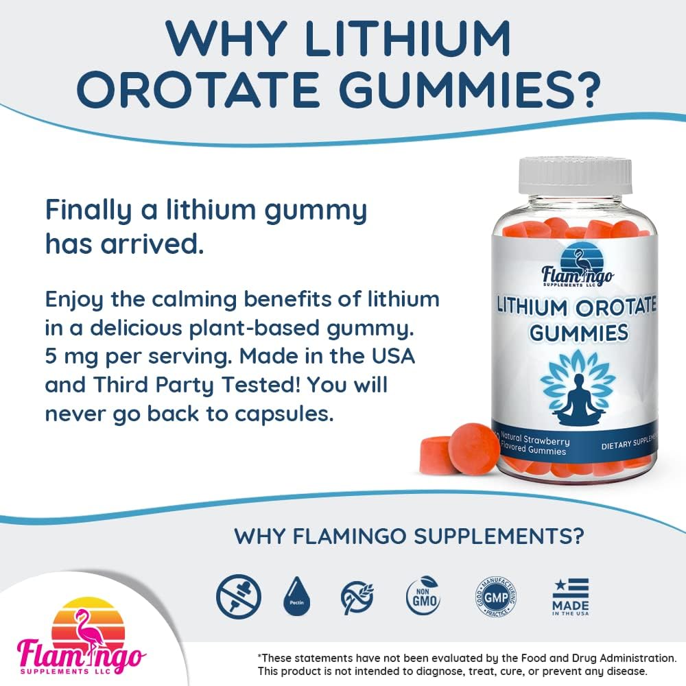 Plant-Based Lithium Orotate Gummies 5mg - Third Party Tested, Mood Support - Strawberry Flavored - 60 Count