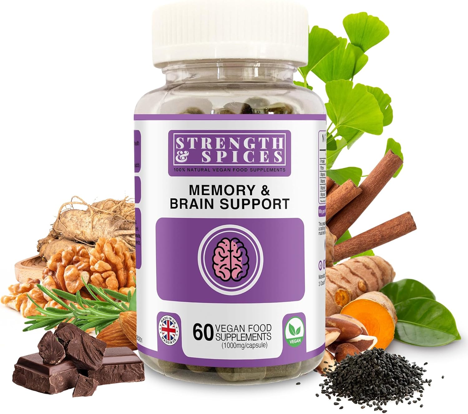 Plant-Based Memory Booster with Ginkgo Biloba & 22 Super Ingredients - Natural Vegan Brain Supplement for Clarity & Alertness - 1000mg, 60 Capsules