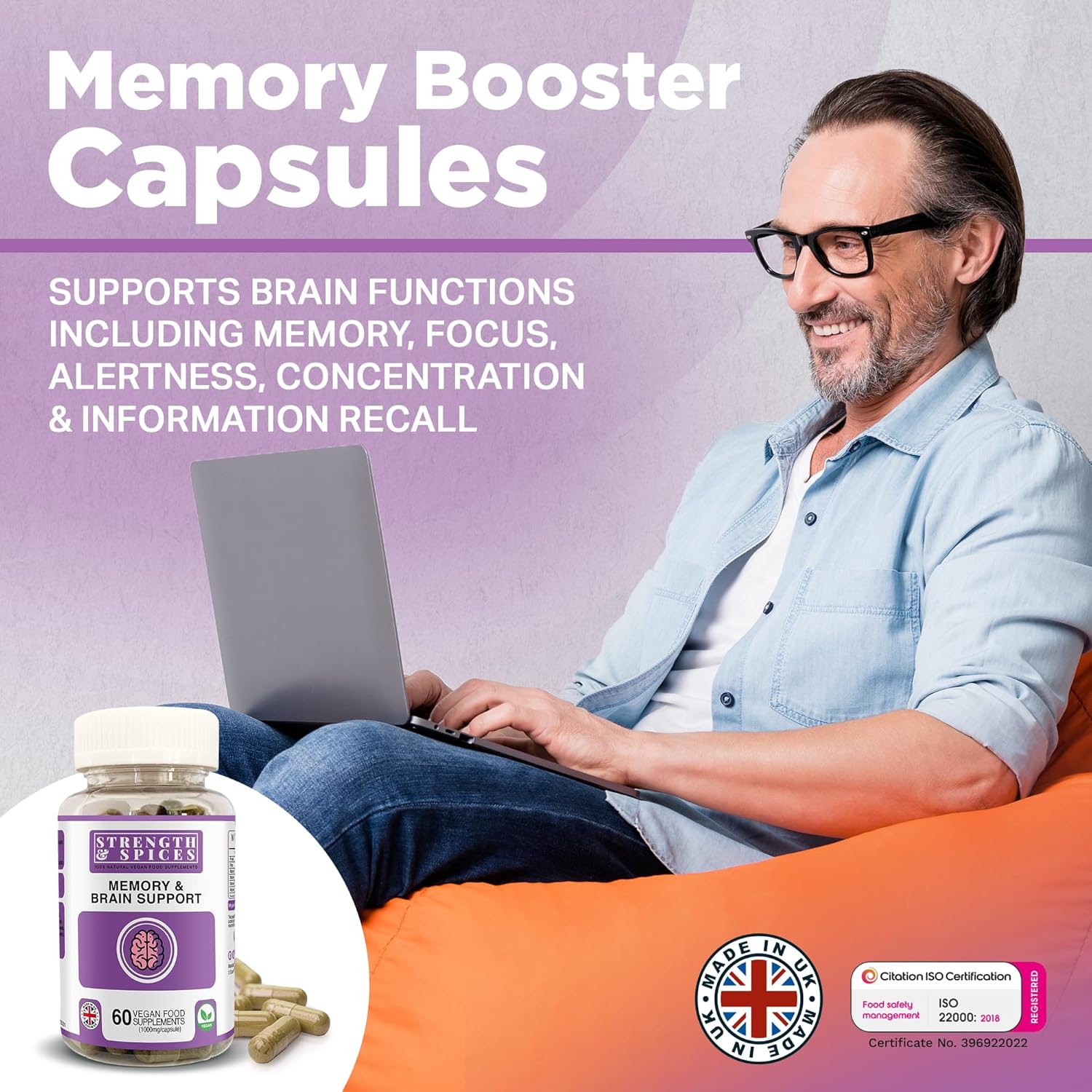 Plant-Based Memory Booster with Ginkgo Biloba & 22 Super Ingredients - Natural Vegan Brain Supplement for Clarity & Alertness - 1000mg, 60 Capsules