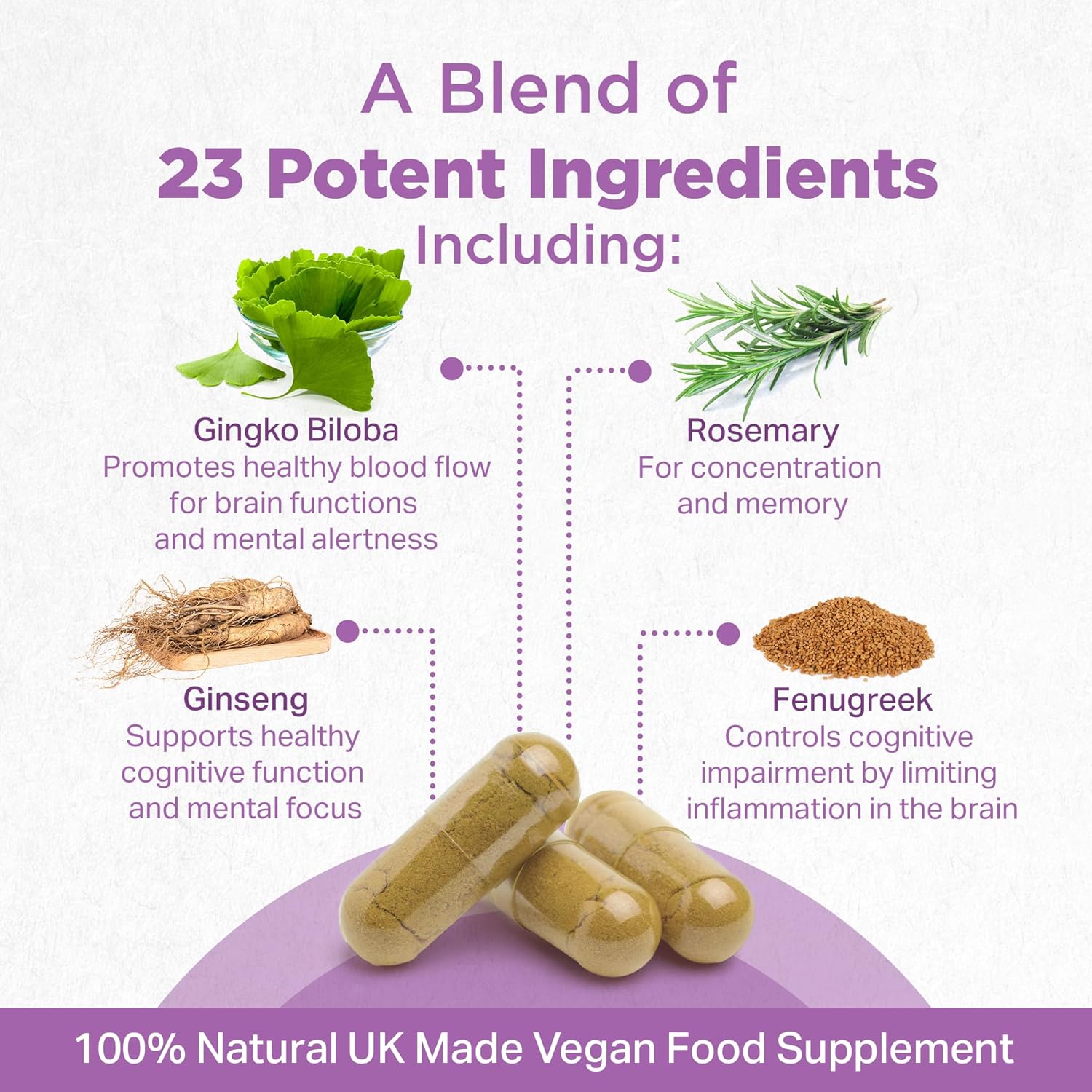 Plant-Based Memory Booster with Ginkgo Biloba & 22 Super Ingredients - Natural Vegan Brain Supplement for Clarity & Alertness - 1000mg, 60 Capsules