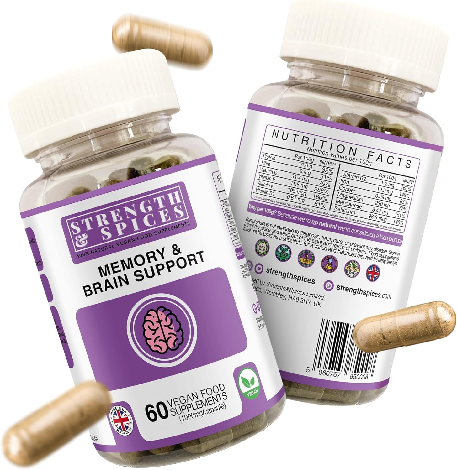 Plant-Based Memory Booster with Ginkgo Biloba & 22 Super Ingredients - Natural Vegan Brain Supplement for Clarity & Alertness - 1000mg, 60 Capsules