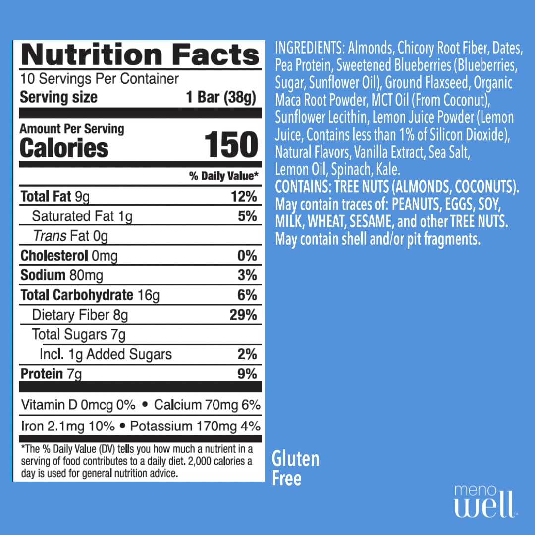 Plant-Based Menopause Protein Bars for Women - Fresh Blueberry Lemon Flavor, 25% Daily Fiber, 7g Protein, Weight Management Support - 10 Count