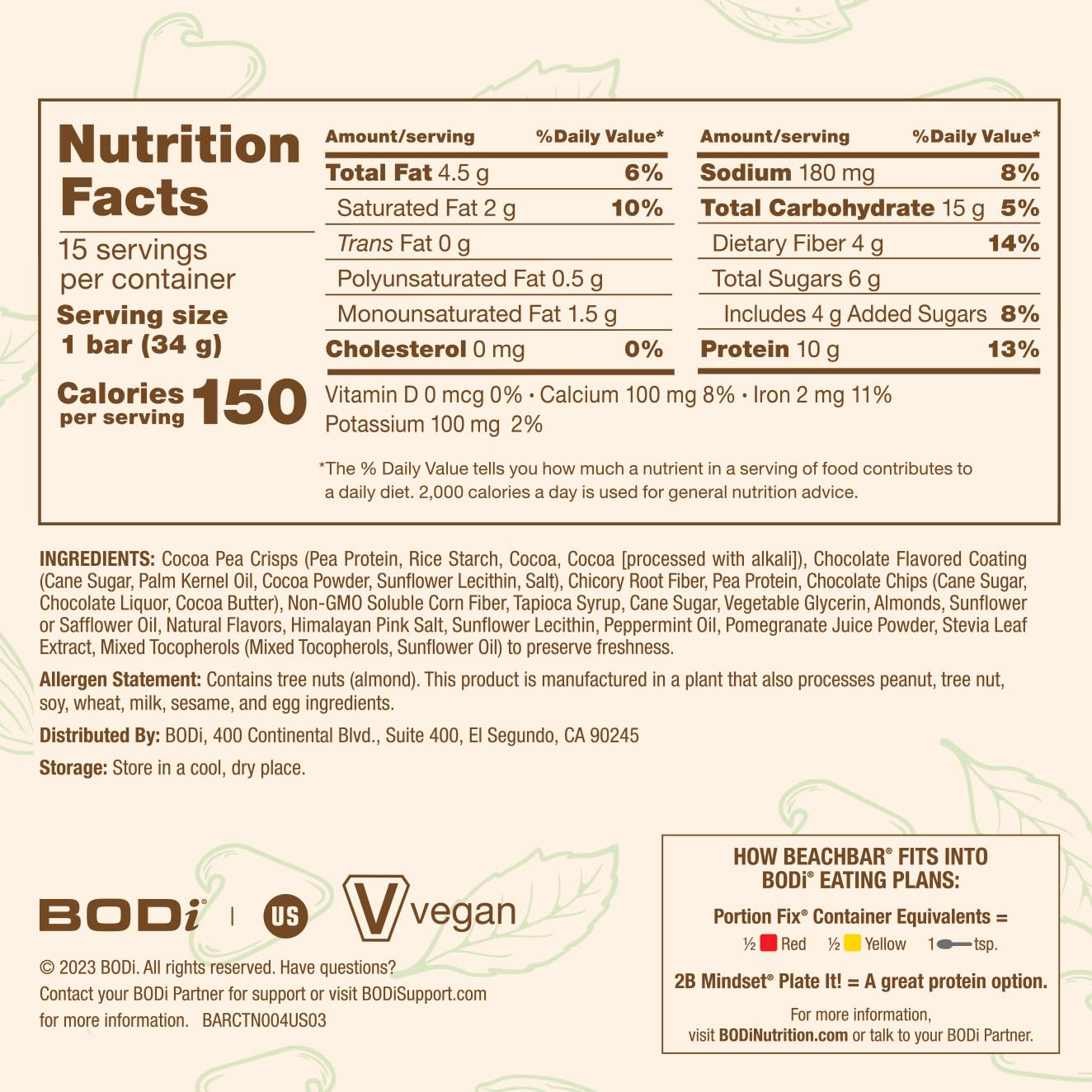 Plant-Based Mint Chocolate Chip Protein Bars - Vegan Snack Bars with 10g Protein, Gluten-Free, Low Glycemic Index, 150 Calories - 15 Bars