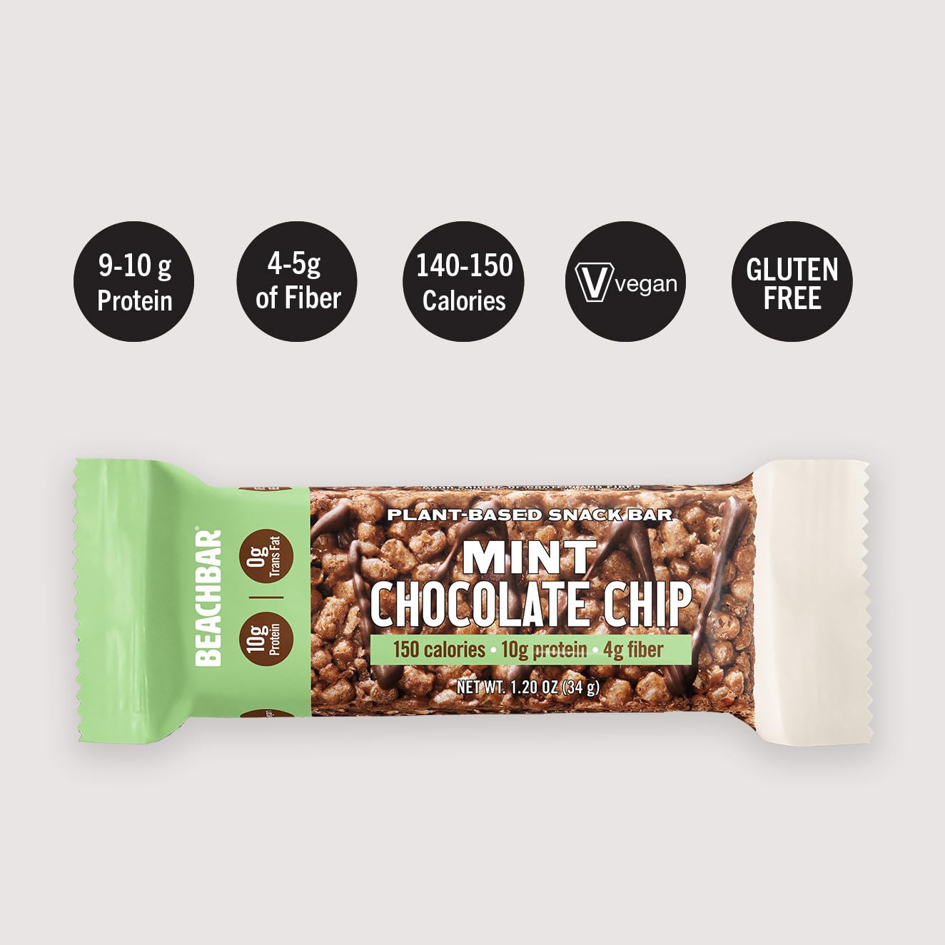 Plant-Based Mint Chocolate Chip Protein Bars - Vegan Snack Bars with 10g Protein, Gluten-Free, Low Glycemic Index, 150 Calories - 15 Bars