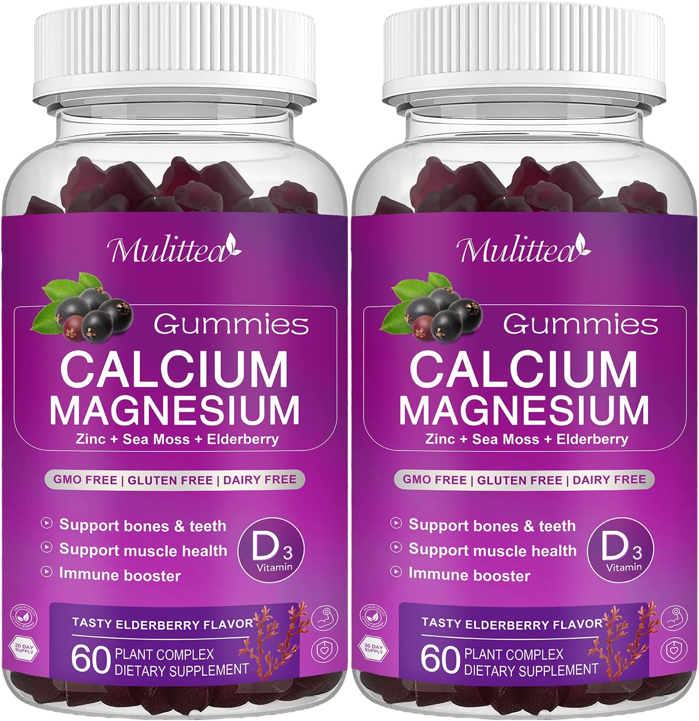 Plant-Based Multivitamin Gummies with High Absorption Magnesium Glycinate - Calcium, Magnesium, Zinc, Potassium, D3 & Sea Moss Supplement for Bone, Muscle, Mood & Sleep Support - 2 Pack for Kids & Adults