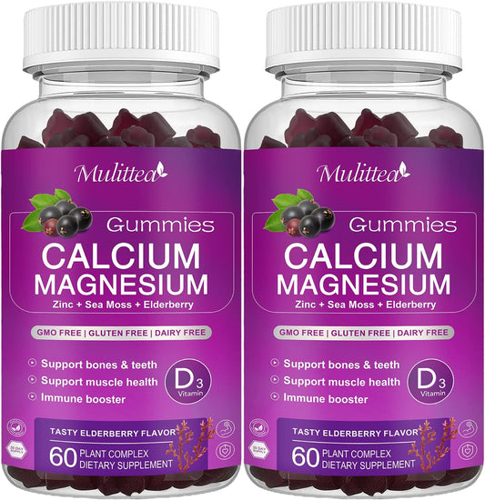 Plant-Based Multivitamin Gummies with High Absorption Magnesium Glycinate - Calcium, Magnesium, Zinc, Potassium, D3 & Sea Moss Supplement for Bone, Muscle, Mood & Sleep Support - 2 Pack for Kids & Adults