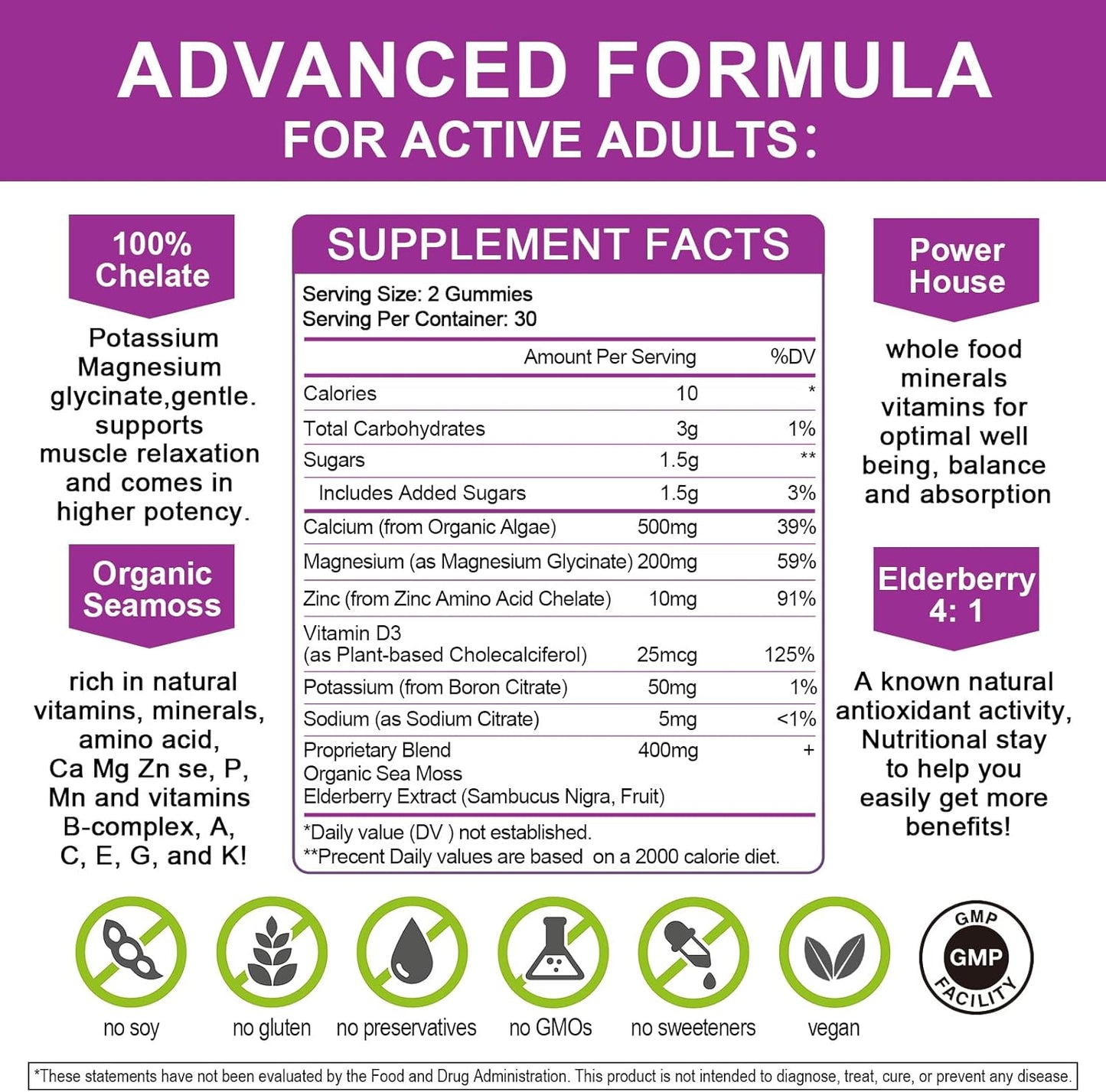 Plant-Based Multivitamin Gummies with High Absorption Magnesium Glycinate - Calcium, Magnesium, Zinc, Potassium, D3 & Sea Moss Supplement for Bone, Muscle, Mood & Sleep Support - 2 Pack for Kids & Adults