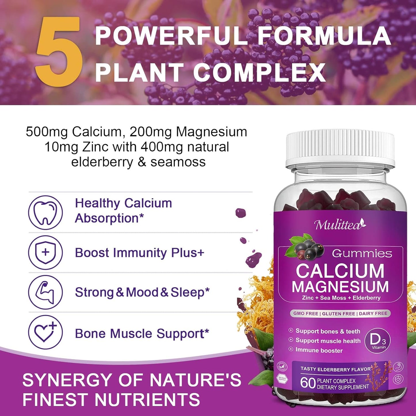 Plant-Based Multivitamin Gummies with High Absorption Magnesium Glycinate - Calcium, Magnesium, Zinc, Potassium, D3 & Sea Moss Supplement for Bone, Muscle, Mood & Sleep Support - 2 Pack for Kids & Adults