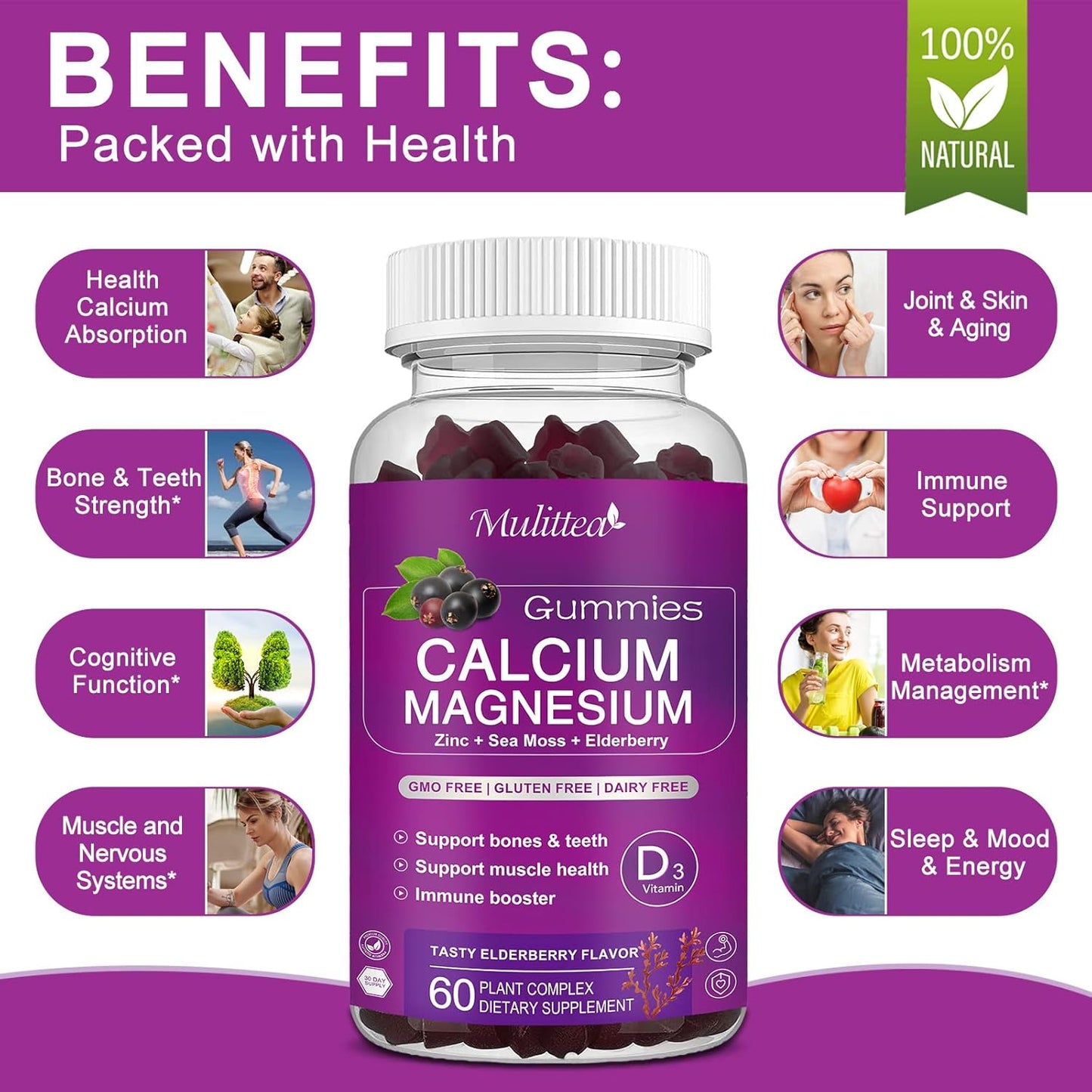Plant-Based Multivitamin Gummies with High Absorption Magnesium Glycinate - Calcium, Magnesium, Zinc, Potassium, D3 & Sea Moss Supplement for Bone, Muscle, Mood & Sleep Support - 2 Pack for Kids & Adults