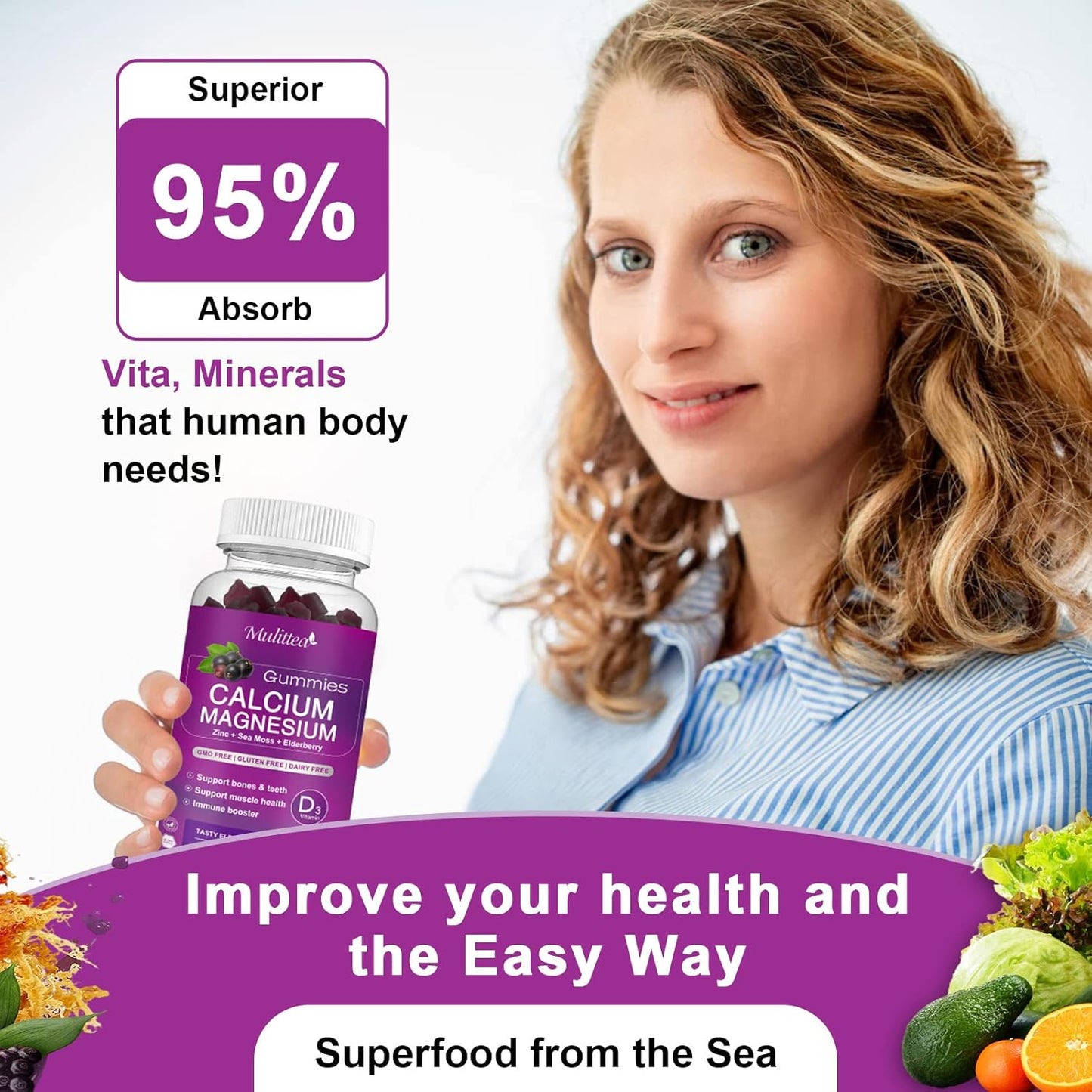 Plant-Based Multivitamin Gummies with High Absorption Magnesium Glycinate - Calcium, Magnesium, Zinc, Potassium, D3 & Sea Moss Supplement for Bone, Muscle, Mood & Sleep Support - 2 Pack for Kids & Adults