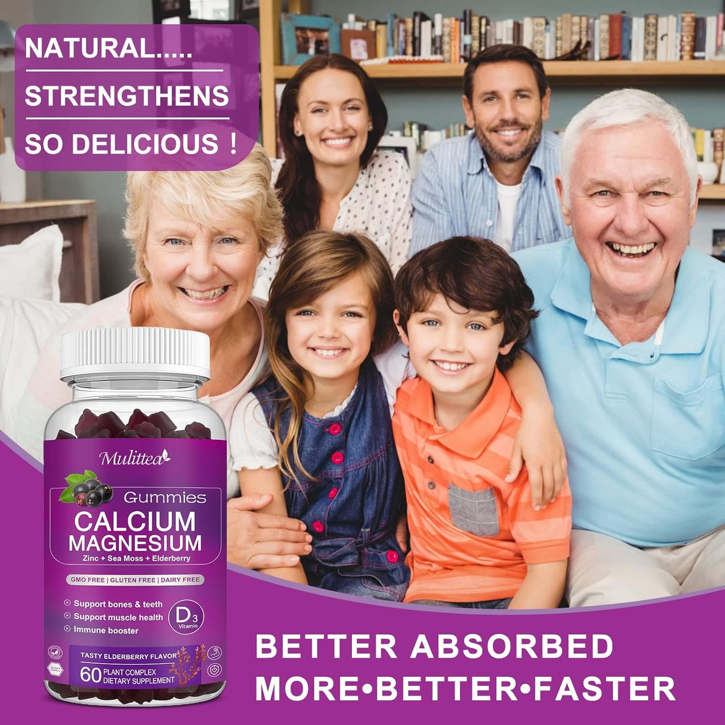 Plant-Based Multivitamin Gummies with High Absorption Magnesium Glycinate - Calcium, Magnesium, Zinc, Potassium, D3 & Sea Moss Supplement for Bone, Muscle, Mood & Sleep Support - 2 Pack for Kids & Adults