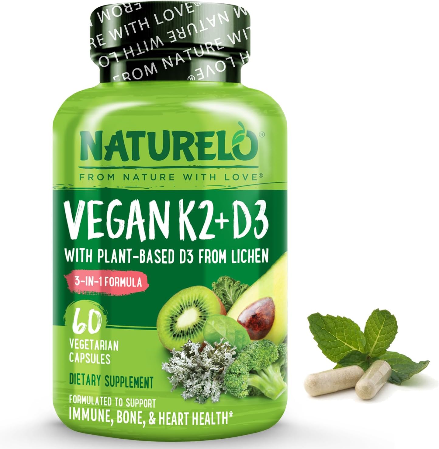 Plant-Based NATURELO Vitamin D3 K2 Capsules for Immune & Bone Health