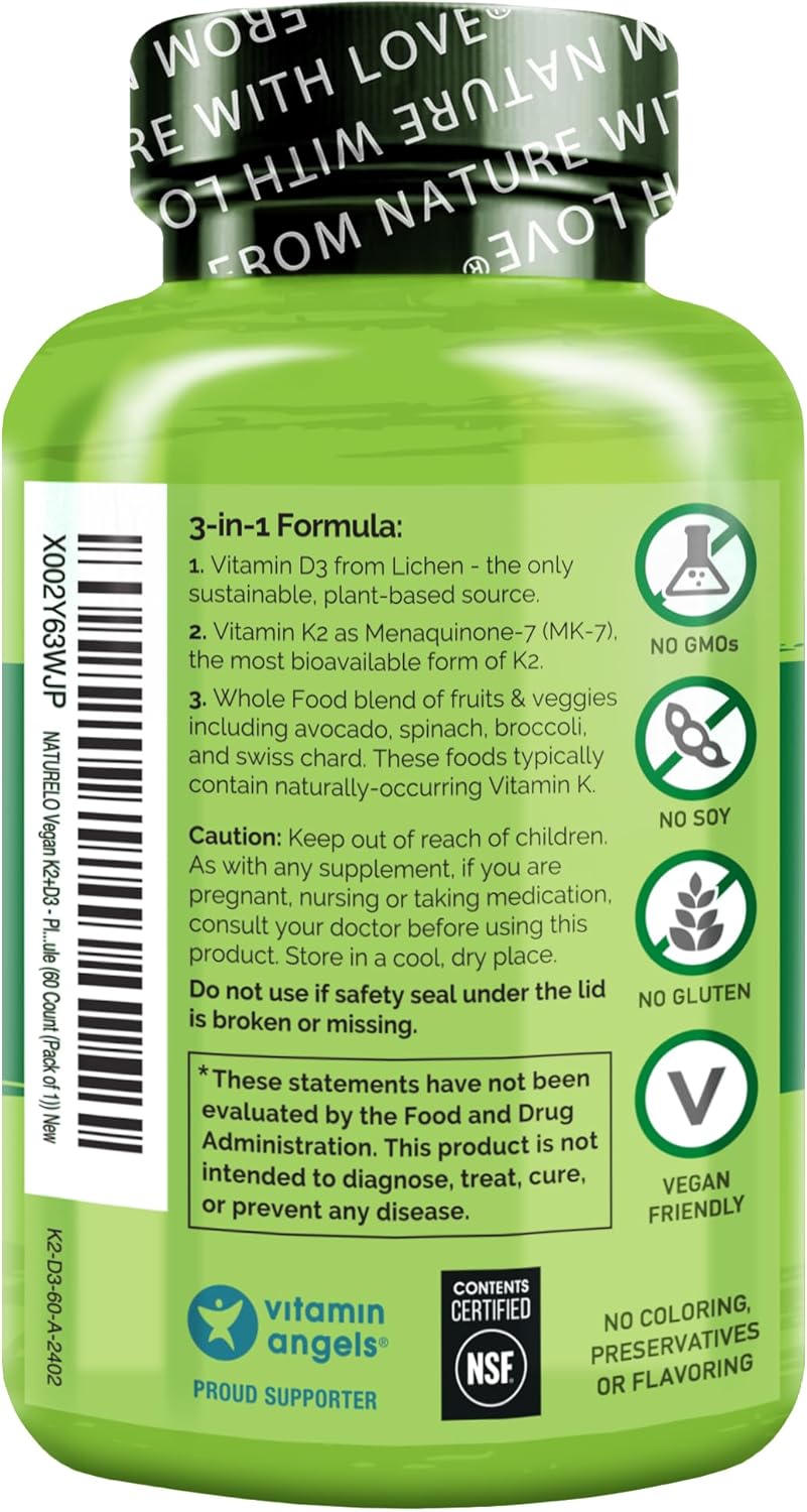 Plant-Based NATURELO Vitamin D3 K2 Capsules for Immune & Bone Health