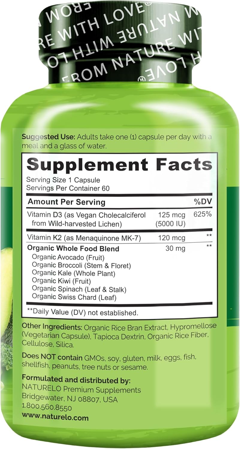 Plant-Based NATURELO Vitamin D3 K2 Capsules for Immune & Bone Health