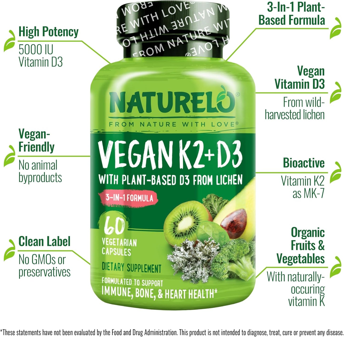 Plant-Based NATURELO Vitamin D3 K2 Capsules for Immune & Bone Health