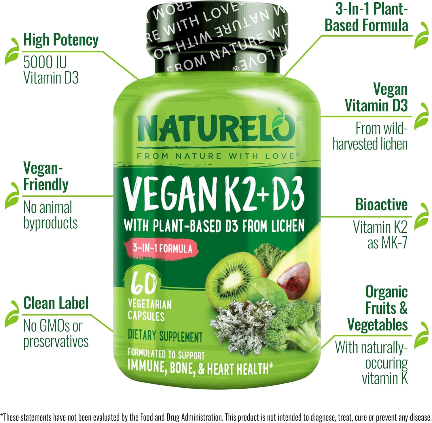 Plant-Based NATURELO Vitamin D3 K2 Capsules for Immune & Bone Health