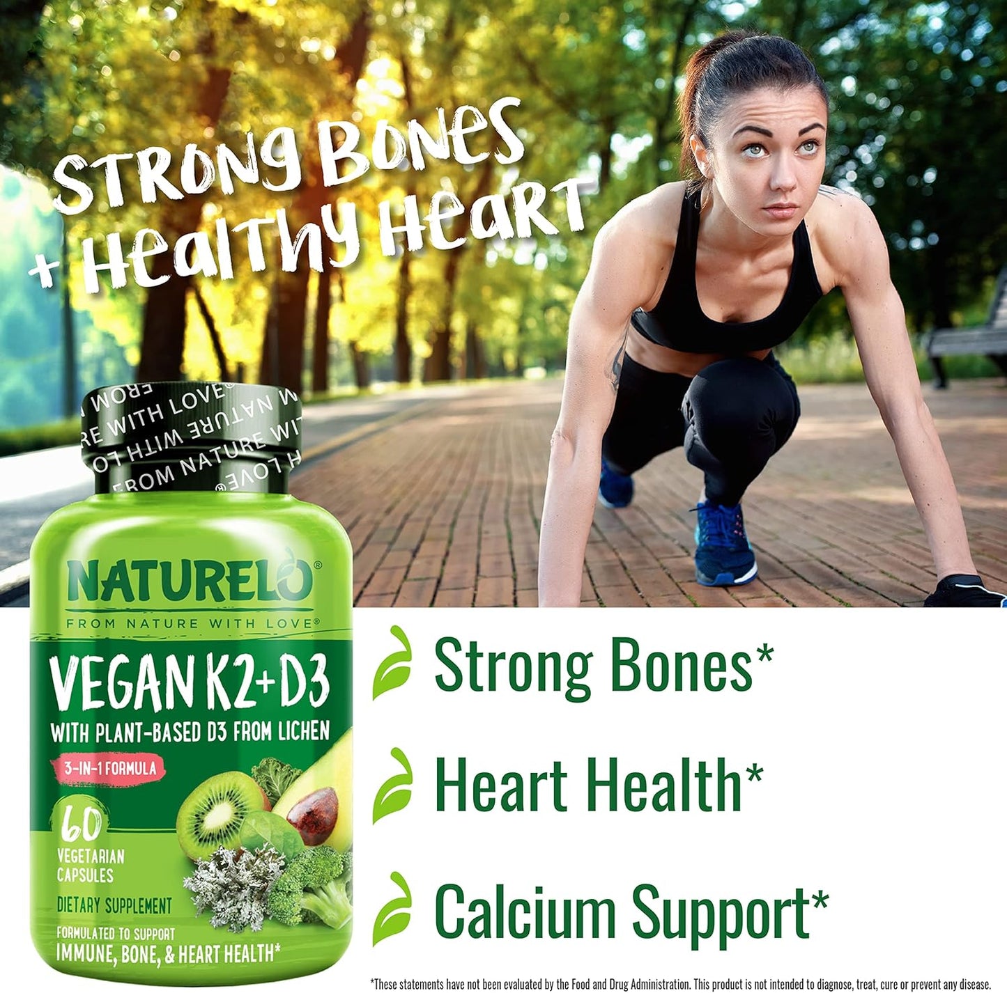 Plant-Based NATURELO Vitamin D3 K2 Capsules for Immune & Bone Health
