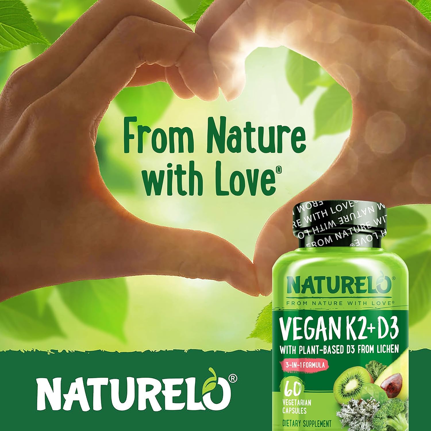 Plant-Based NATURELO Vitamin D3 K2 Capsules for Immune & Bone Health