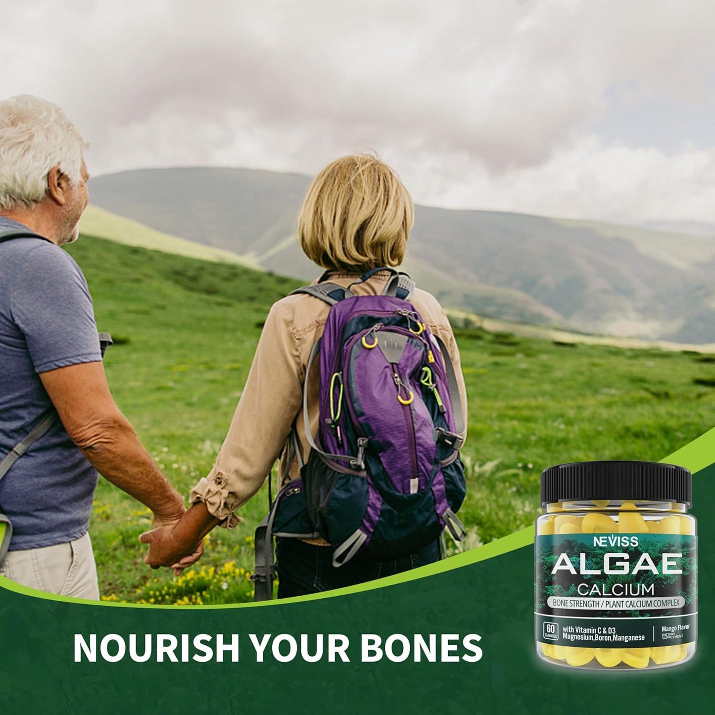 Plant-Based NEVISS Algae Calcium Gummies 600mg with Vitamins D3, C, Magnesium, Boron, Manganese - Bone Health & Strength Supplement - Sugar Free - Vegan - 60 Count