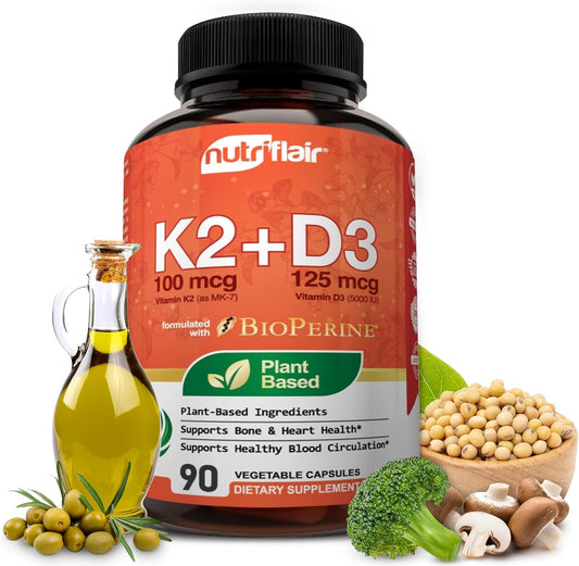 Plant-Based NutriFlair Vitamins D3 (5000iu/125mcg) + K2 (as Mk7) with BioPerine Black Pepper Extract - 90 Capsules for Immune & Heart Health