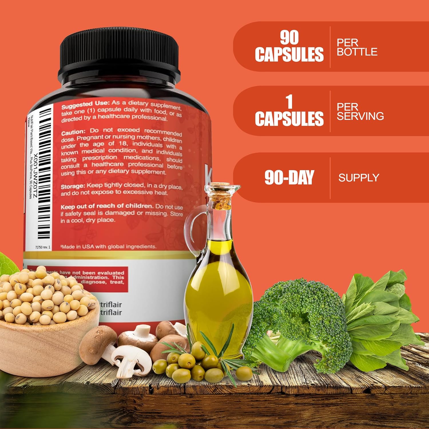 Plant-Based NutriFlair Vitamins D3 (5000iu/125mcg) + K2 (as Mk7) with BioPerine Black Pepper Extract - 90 Capsules for Immune & Heart Health