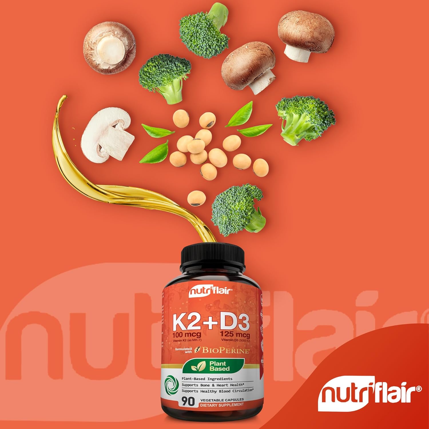 Plant-Based NutriFlair Vitamins D3 (5000iu/125mcg) + K2 (as Mk7) with BioPerine Black Pepper Extract - 90 Capsules for Immune & Heart Health