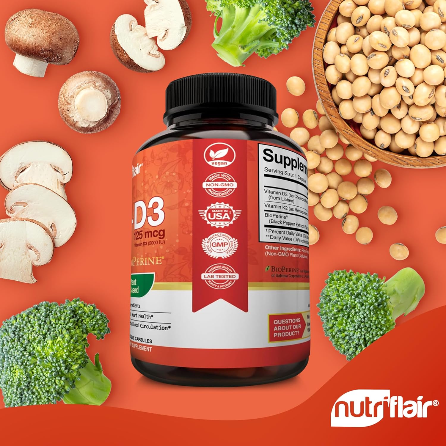 Plant-Based NutriFlair Vitamins D3 (5000iu/125mcg) + K2 (as Mk7) with BioPerine Black Pepper Extract - 90 Capsules for Immune & Heart Health
