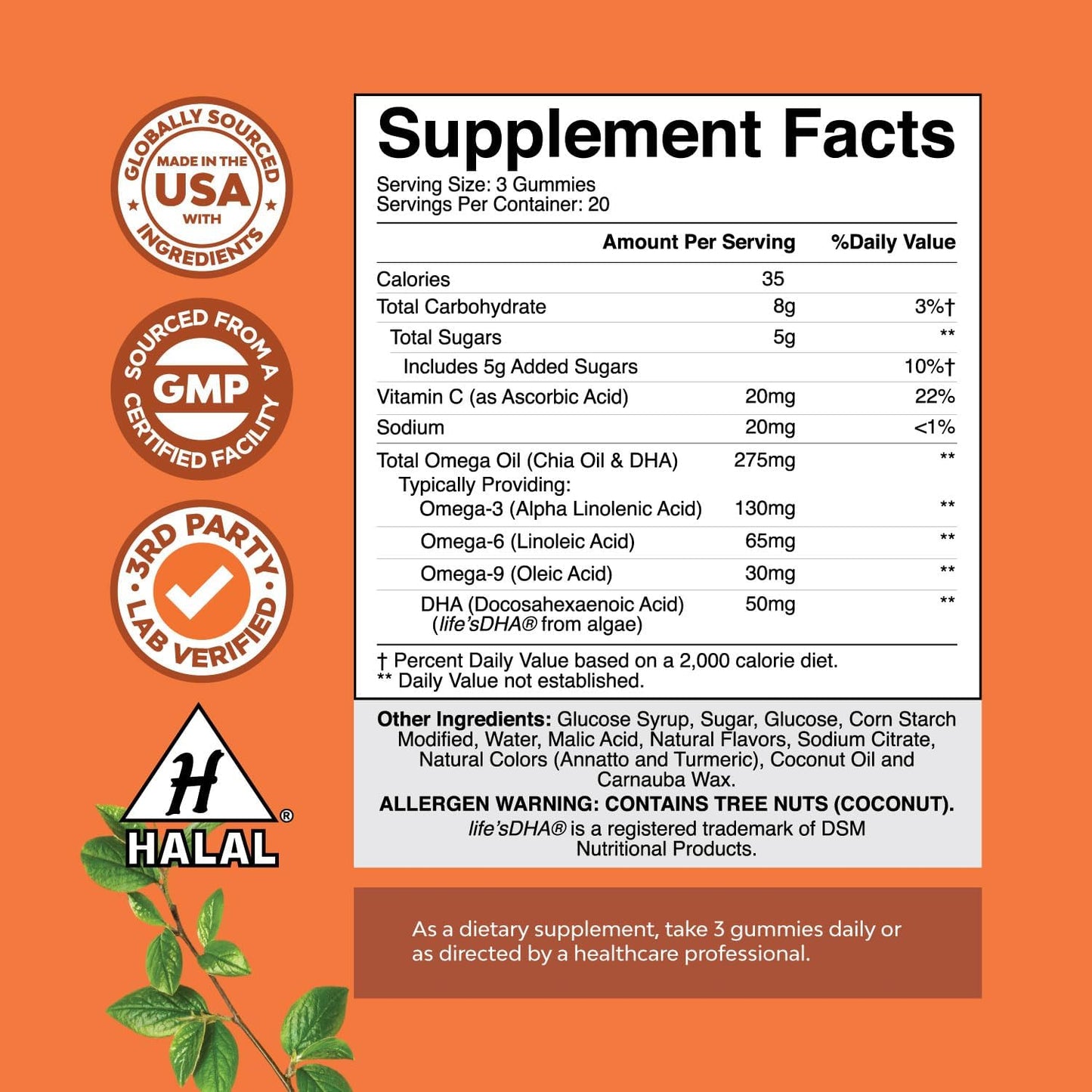 Plant Based Omega 3 6 9 DHA Gummies for Adults - Vegetarian Brain, Heart, Bone, and Joint Support - Halal Fish Free Supplement for Men and Women