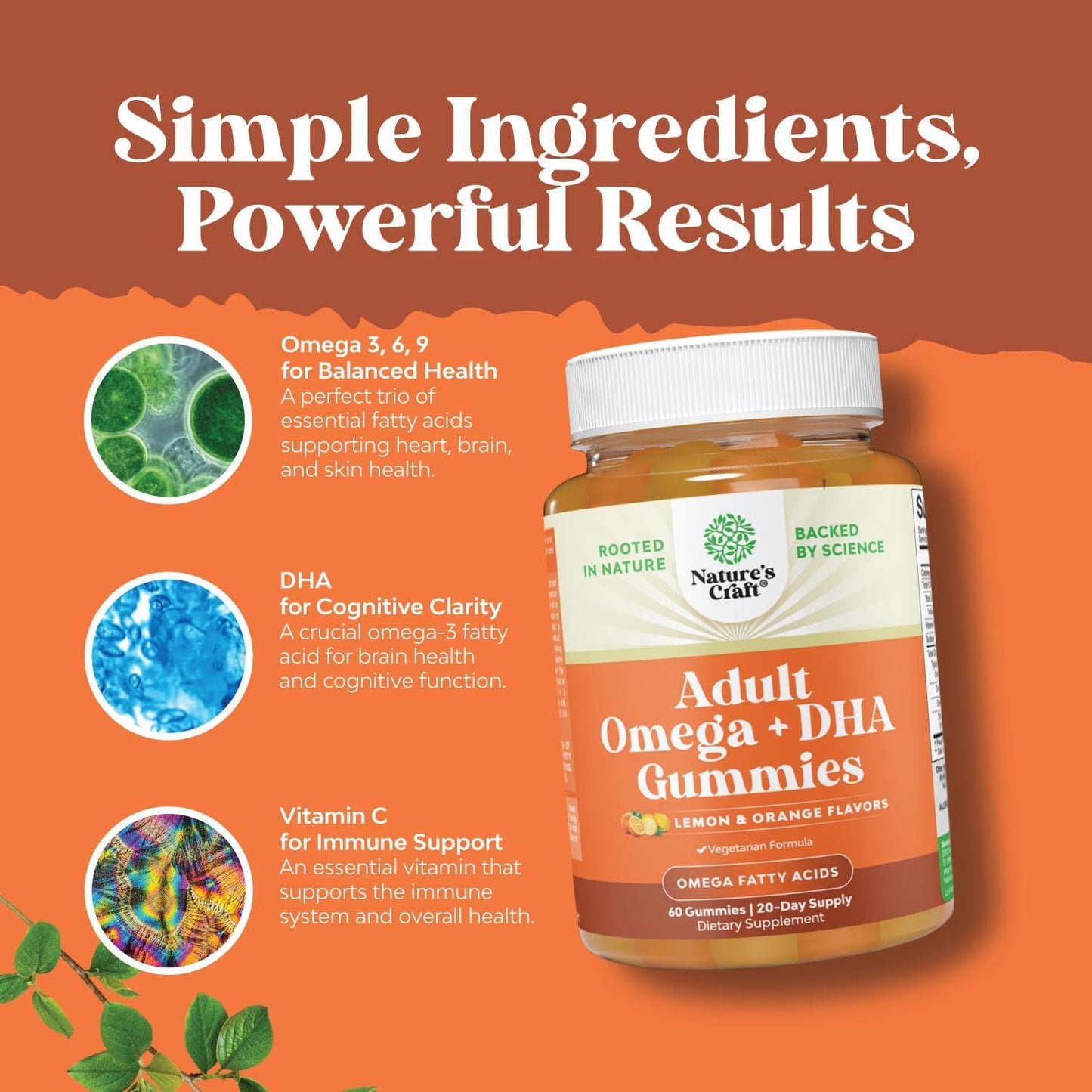 Plant Based Omega 3 6 9 DHA Gummies for Adults - Vegetarian Brain, Heart, Bone, and Joint Support - Halal Fish Free Supplement for Men and Women