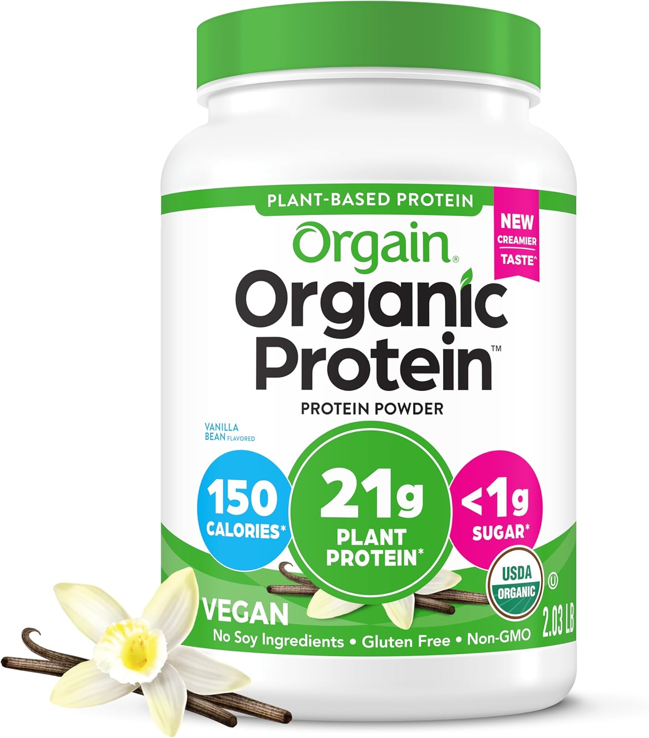 Plant-Based Orgain Organic Vanilla Bean Protein Powder - 21g Protein, 6g Fiber, No Lactose, No Sugar, Non-GMO - 2.03 lb Pack