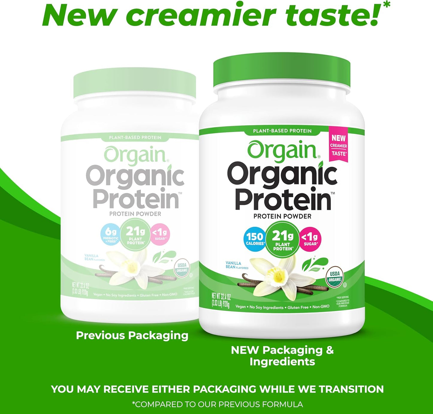Plant-Based Orgain Organic Vanilla Bean Protein Powder - 21g Protein, 6g Fiber, No Lactose, No Sugar, Non-GMO - 2.03 lb Pack