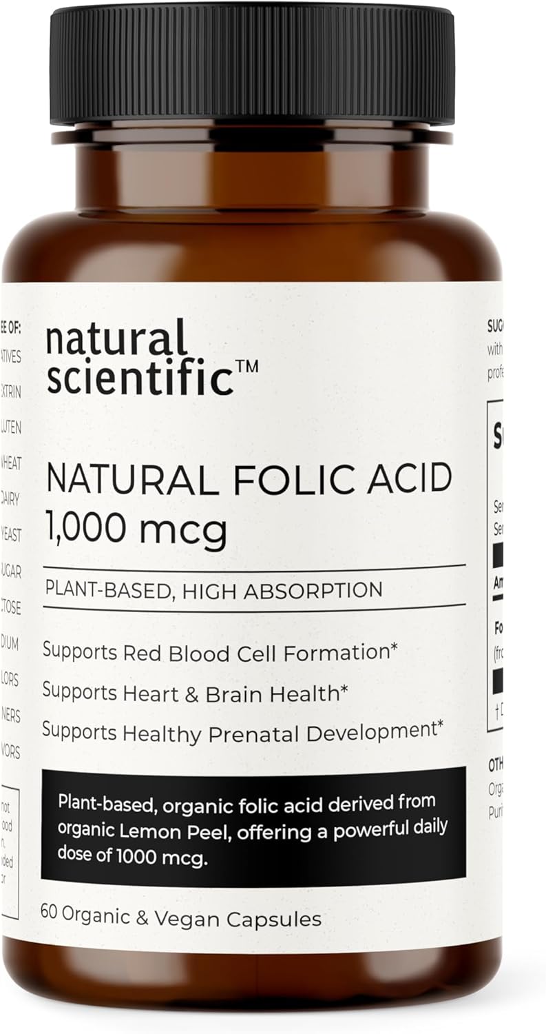 Plant-Based Organic Folic Acid Supplement 1000 mcg - Vitamin B9 from Lemon Peel - Gluten-Free, Vegan, Non-GMO - 60 Capsules - Premium Dietary Supplement - 60-Day Supply