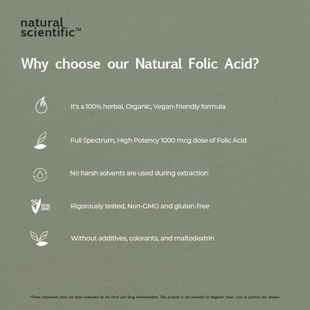 Plant-Based Organic Folic Acid Supplement 1000 mcg - Vitamin B9 from Lemon Peel - Gluten-Free, Vegan, Non-GMO - 60 Capsules - Premium Dietary Supplement - 60-Day Supply