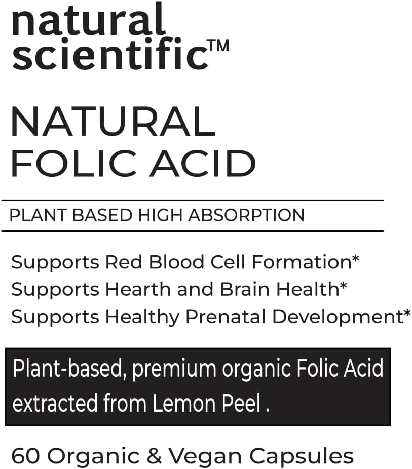 Plant-Based Organic Folic Acid Supplement 1000 mcg - Vitamin B9 from Lemon Peel - Gluten-Free, Vegan, Non-GMO - 60 Capsules - Premium Dietary Supplement - 60-Day Supply