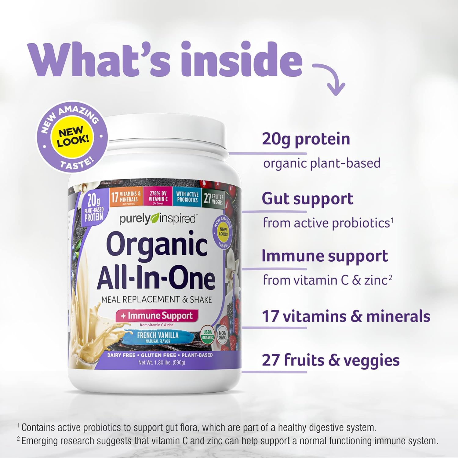 Plant-Based Organic Protein Powder for Men & Women - French Vanilla Flavor - Gluten-Free Meal Replacement - 16 Servings