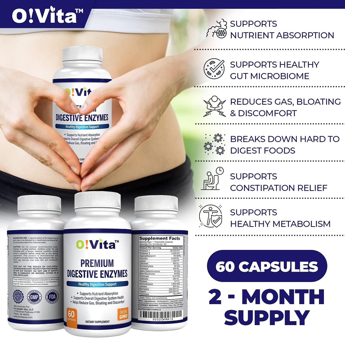 Plant-Based O!VITA Premium Digestive Enzymes for Improved Digestion and Nutrient Absorption - 60 Non-GMO Capsules