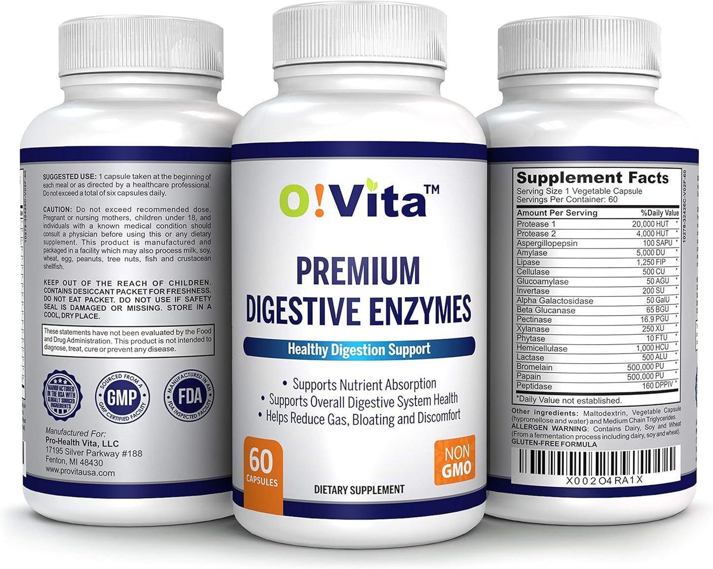 Plant-Based O!VITA Premium Digestive Enzymes for Improved Digestion and Nutrient Absorption - 60 Non-GMO Capsules