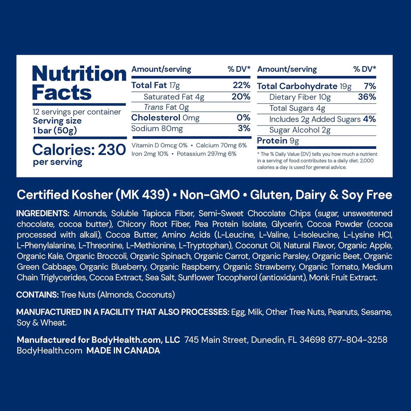 Plant-Based Protein Energy Bar with 10g Protein, MCT's, Superfood Blend, Kosher - Brownie Flavor (12 Pack)