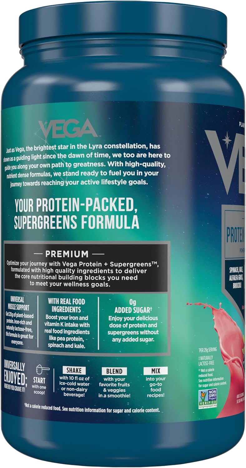 Plant-Based Protein Powder with Greens, Berry Flavor - 20g Protein, Vegan, Non-GMO, Pea Protein Blend for Women and Men, 1.7 lbs