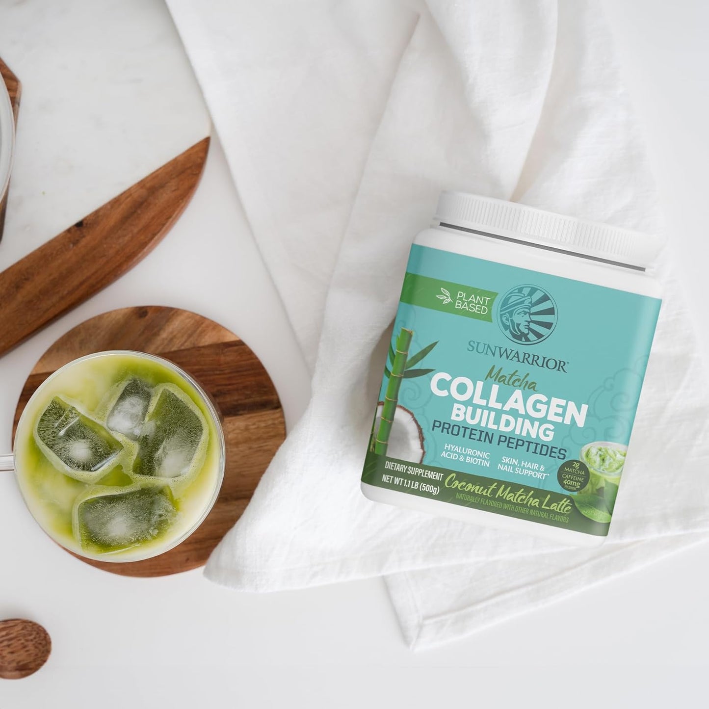 Plant-Based Protein Powder with Vegan Collagen Peptides, Hyaluronic Acid, and Biotin for Hair, Skin, and Nails - Coconut Matcha Latte Flavor - Non-GMO, Dairy & Sugar Free, Low Carb - 20 Servings