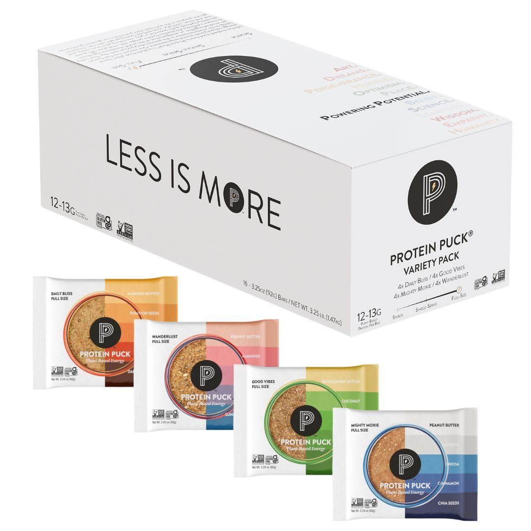Plant Based Protein Puck Bars Variety Pack - 16 Count, 3.25 oz Gluten Free Vegan Snacks, Non GMO Kosher Certified