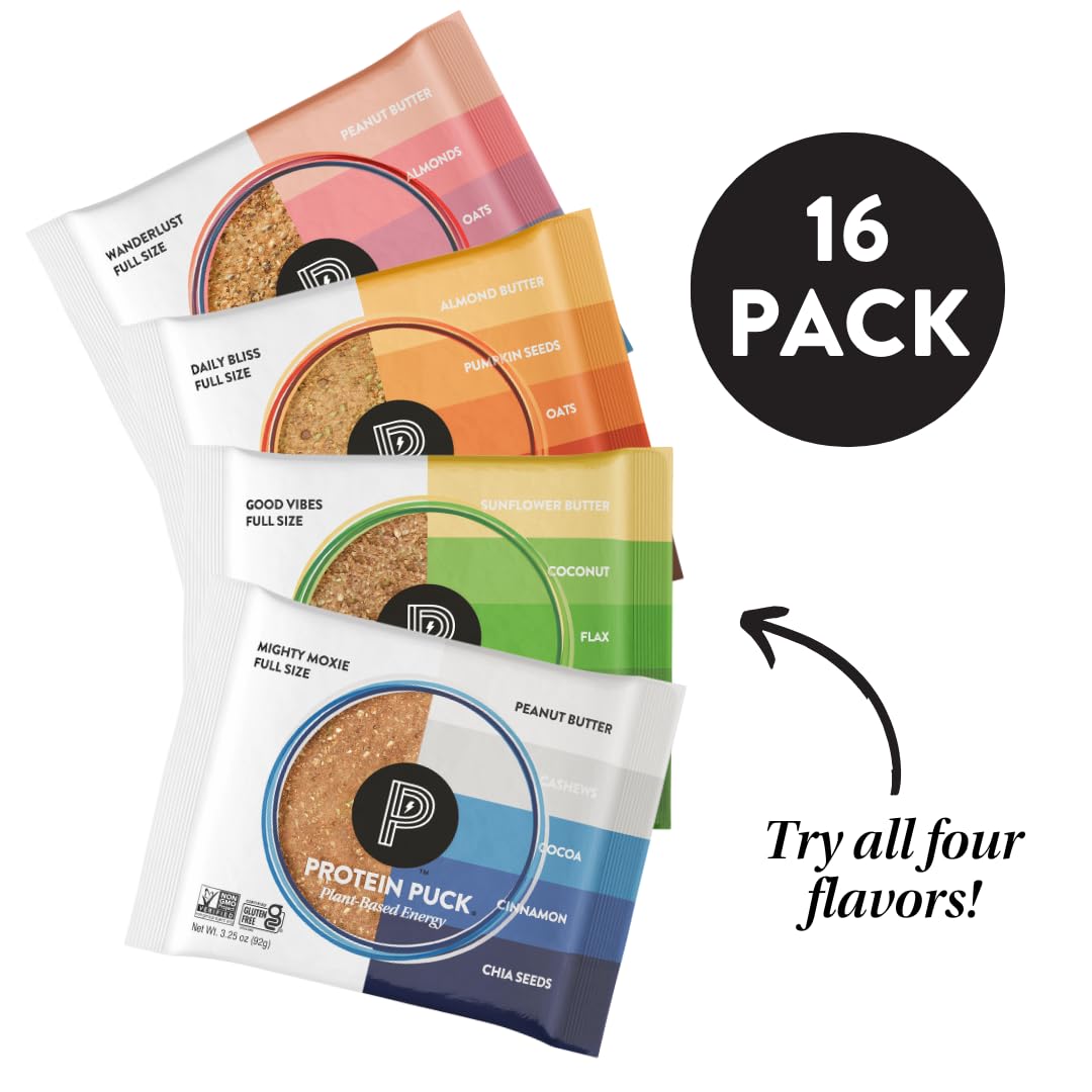 Plant Based Protein Puck Bars Variety Pack - 16 Count, 3.25 oz Gluten Free Vegan Snacks, Non GMO Kosher Certified