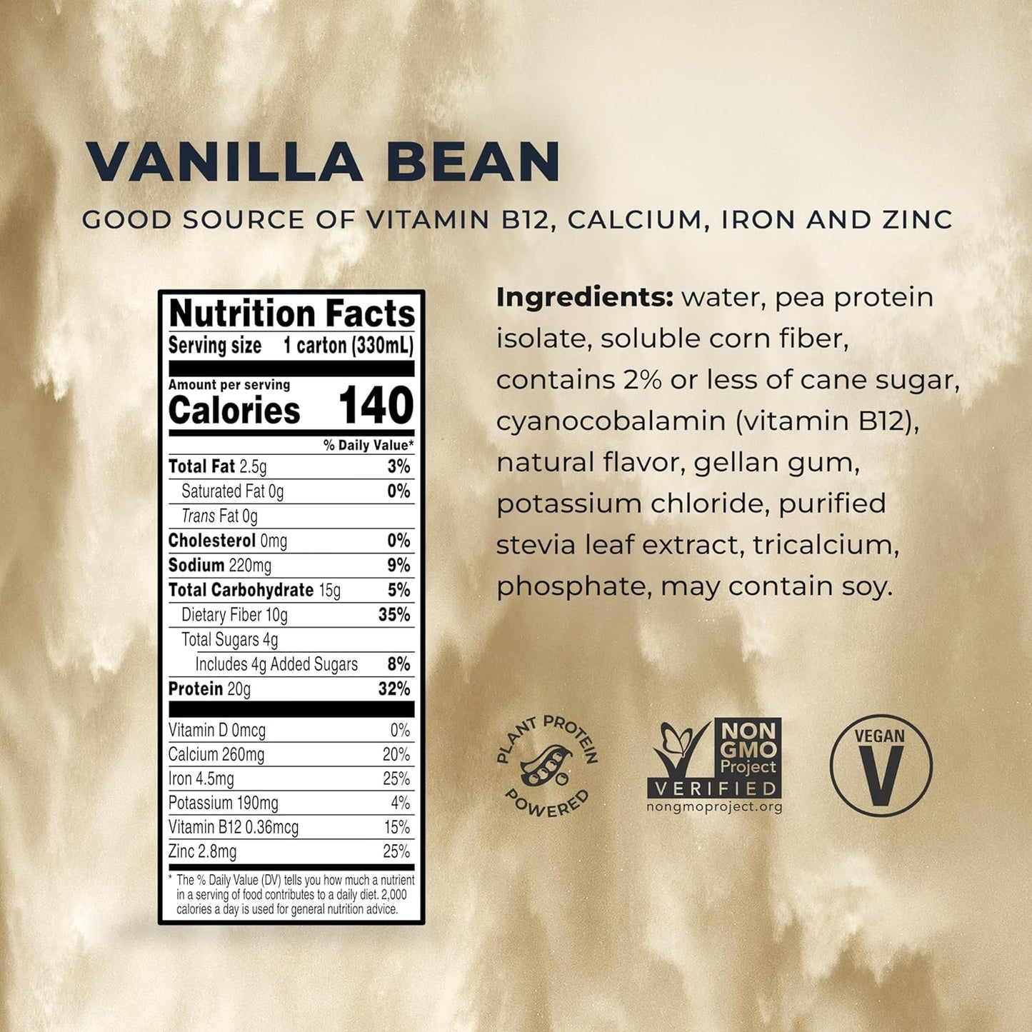 Plant-Based Protein Shake, Vanilla Bean Flavor, 20g Vegan Protein, Dairy-Free, No Artificial Sweeteners, Non-GMO, 10g Fiber, 11 Fl Oz, Pack of 12