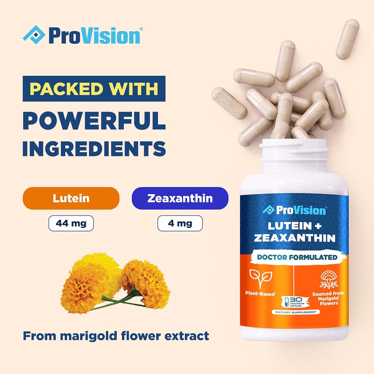 Plant-Based ProVision Lutein & Zeaxanthin Eye Vitamins - Natural Zeaxanthin & Lutein Supplement for Eye Health - 30 Capsules