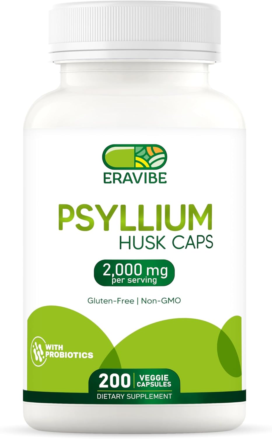 Plant-Based Psyllium Husk Capsules with 100 Million CFUs Probiotics, 200 Count - Digestive Support & Gut Health Fiber Supplement