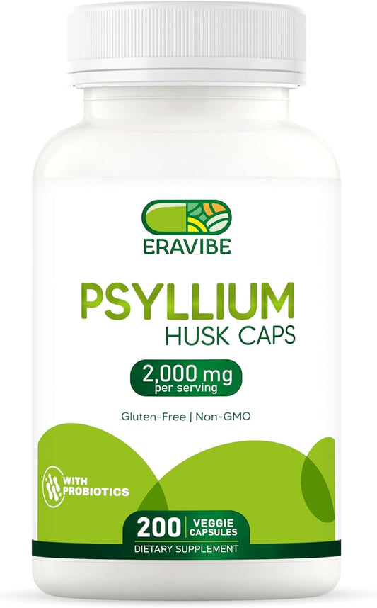 Plant-Based Psyllium Husk Capsules with 100 Million CFUs Probiotics, 200 Count - Digestive Support & Gut Health Fiber Supplement