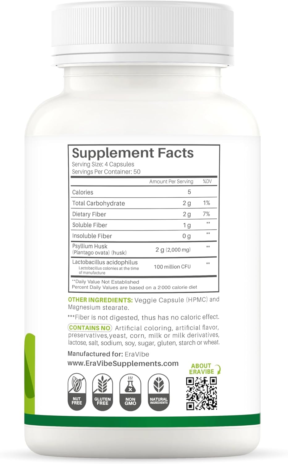 Plant-Based Psyllium Husk Capsules with 100 Million CFUs Probiotics, 200 Count - Digestive Support & Gut Health Fiber Supplement